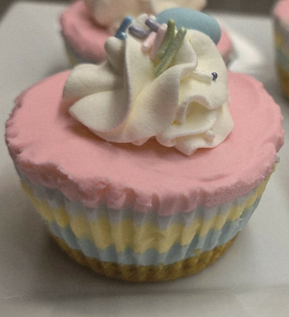 Close-up of a mini no-bake cheesecake with pastel layers, whipped cream, and sprinkles